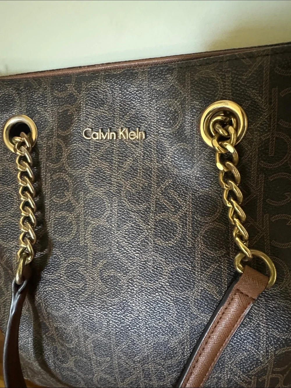 Calvin Klein Brown Monogrammed Double Strap Shoulder Bag